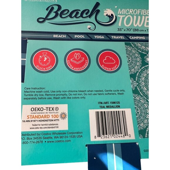 Pair of Turquoise and White Large Microfiber Thin Beach Towels New in Package - Picture 3 of 3